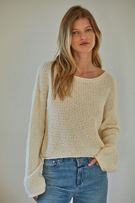 100% COTTON LOOSE KNIT PULLOVER SWEATER (CREAM)