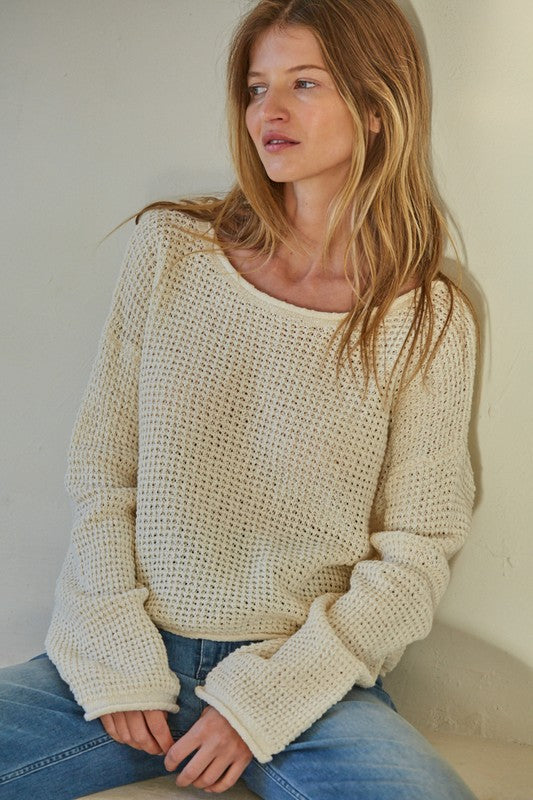 100% COTTON LOOSE KNIT PULLOVER SWEATER (CREAM)