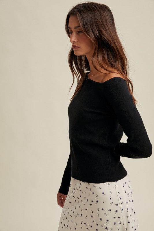 ONE SHOULDERED PULLOVER SWEATER IN BLACK
