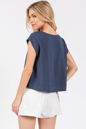 WOVEN BOXY TOP WITH EXTENDED SHORT SLEEVES AND ROUND NECKLINE