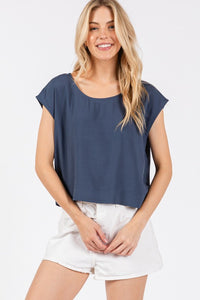 WOVEN BOXY TOP WITH EXTENDED SHORT SLEEVES AND ROUND NECKLINE