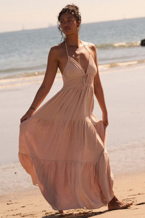 HALTER STYLE MAXI DRESS (SAND) with smocking under bodice, flared tiered skirt and side pockets
