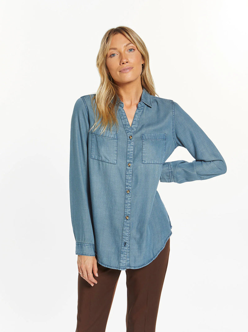 long sleeve, button front 100% Tencel top with double front pockets in  medium sandblast
