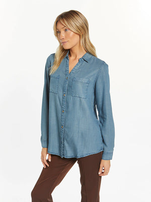long sleeve, button front 100% Tencel top with double front pockets in  medium sandblast