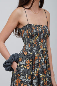 SMOCKED BODICE SATIN DRESS, Slate Floral Print with side pockets