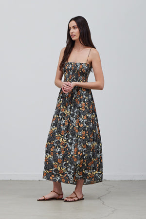 SMOCKED BODICE SATIN DRESS, Slate Floral Print with side pockets