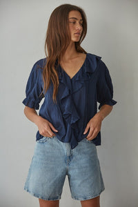 100% Cotton, Navy V-neck, ruffle detail top with 1/2 sleeve length and elastic ruffle band
