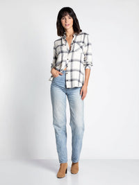 black and cream plaid collared shirt with one front pocket and long button cuffed sleeves long sleeves, c