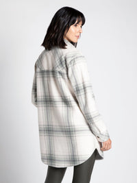 Collared Plaid Jacket with Button Down Front,  Bust Button Pockets and Front Side Pockets, Long Sleeve Shirt Tail Hem in ivory with light olive and grey plaid print