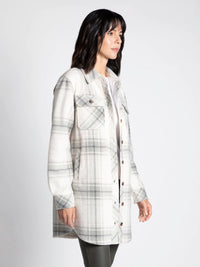 Collared Plaid Jacket with Button Down Front,  Bust Button Pockets and Front Side Pockets, Long Sleeve Shirt Tail Hem in ivory with light olive and grey plaid print
