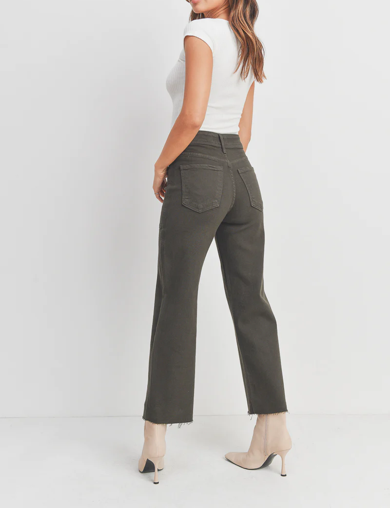 high rise patch front wide leg jeans in forest green