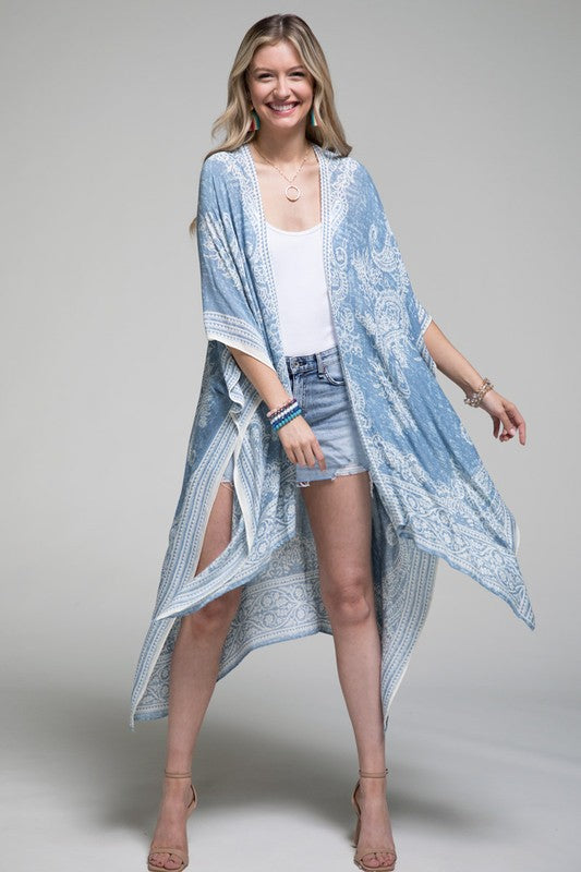 BOHEMIAN PAISLEY PRINT KIMONO (MOONSHADOW - LIGHT BLUE AND IVORY PRINT)