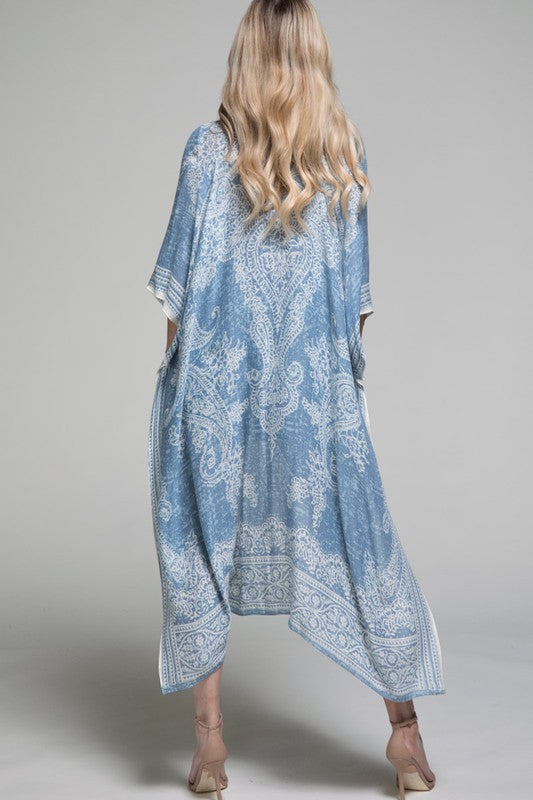 BOHEMIAN PAISLEY PRINT KIMONO (MOONSHADOW - LIGHT BLUE AND IVORY PRINT)