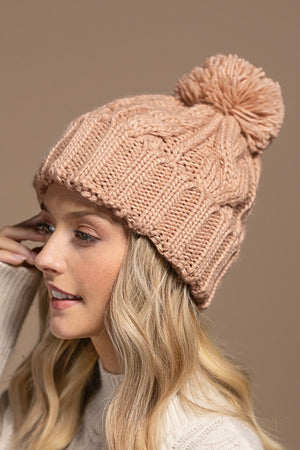 CABLE KNIT BEANIE WITH POM (DUSTY PINK)