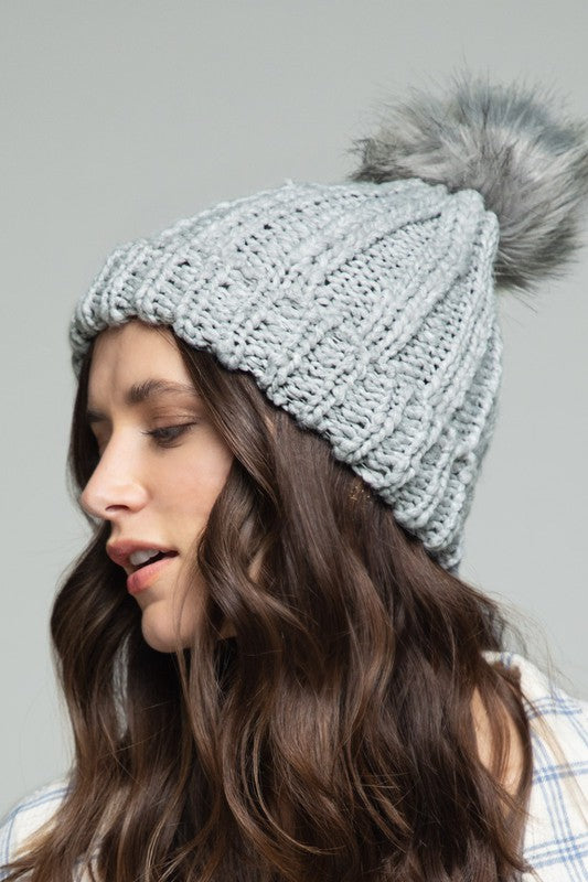 SOFT CABLE KNIT BEANIE WITH FAUX FUR POM (LT. GRAY)