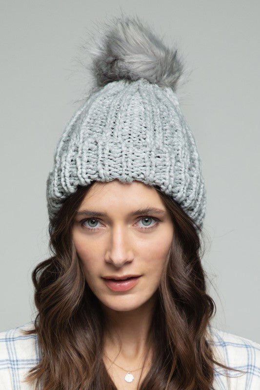 SOFT CABLE KNIT BEANIE WITH FAUX FUR POM (LT. GRAY)
