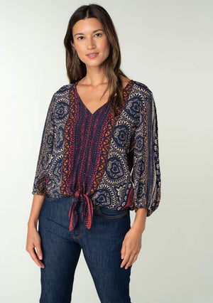 BOHEMIAN TIE-FRONT TOP Mixed Stripe Print Relaxed Fit Voluminous Long Sleeve Elastic Wrist Cuffs V-Neckline