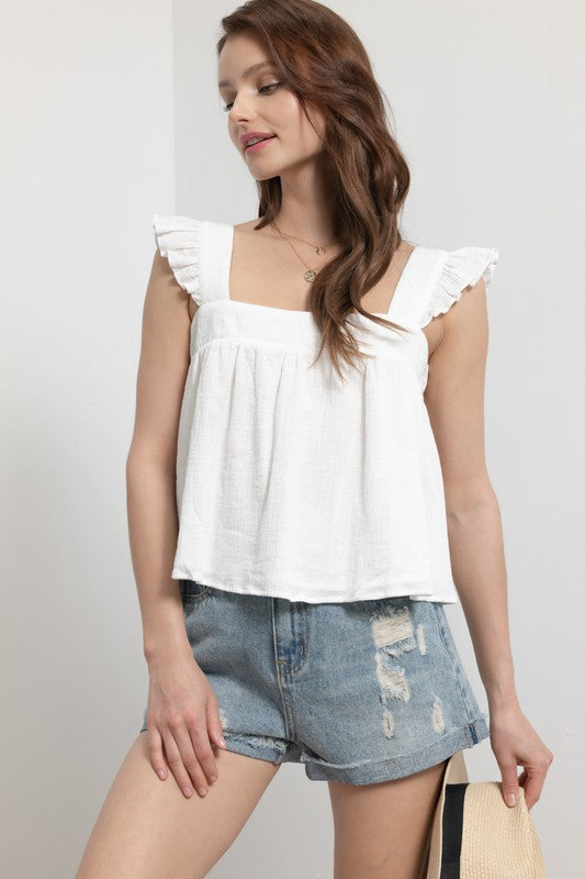 Fully lined SHOULDER RUFFLE CROP TOP in white