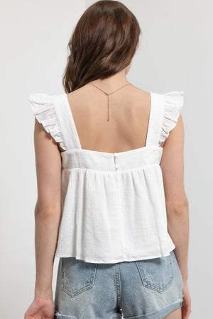 Fully lined SHOULDER RUFFLE CROP TOP in white