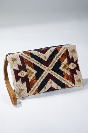 Tribal print wristlet with seed beading and suede strap in burgundy, natural, rust