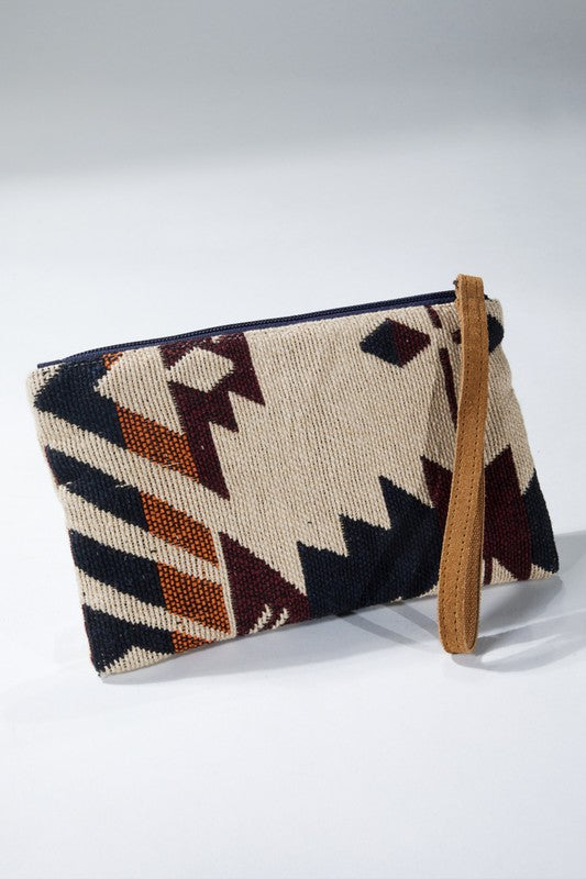 Tribal print wristlet with seed beading and suede strap in burgundy, natural, rust