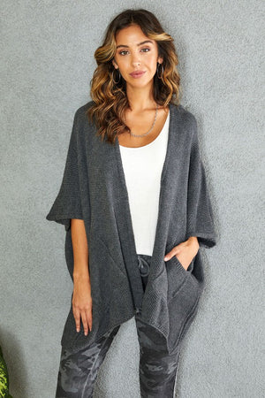 WAFFLE-KNIT OPEN FRONT LAYERING SWEATER (CHARCOAL) WITH POCKETS