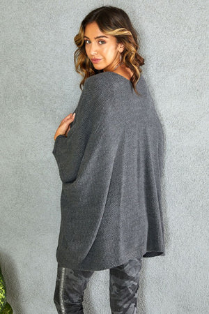 WAFFLE-KNIT OPEN FRONT LAYERING SWEATER (CHARCOAL) WITH POCKETS