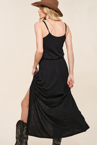 Adjustable skinny strap maxi dress with blousy top in black