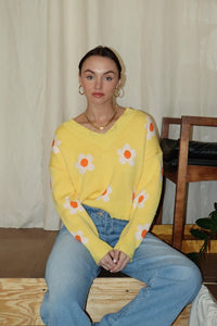 DAISY V-NECK SWEATER (YELLOW/CREAM) with distressing on hem, wrists and neckline