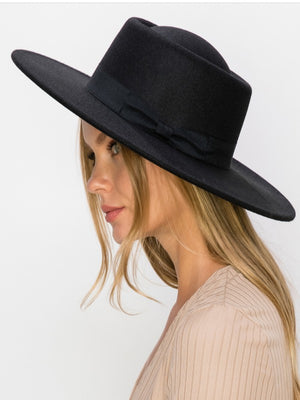 FELT BOATER HAT (BLACK) with matching grosgrain band and adjustable drawstring