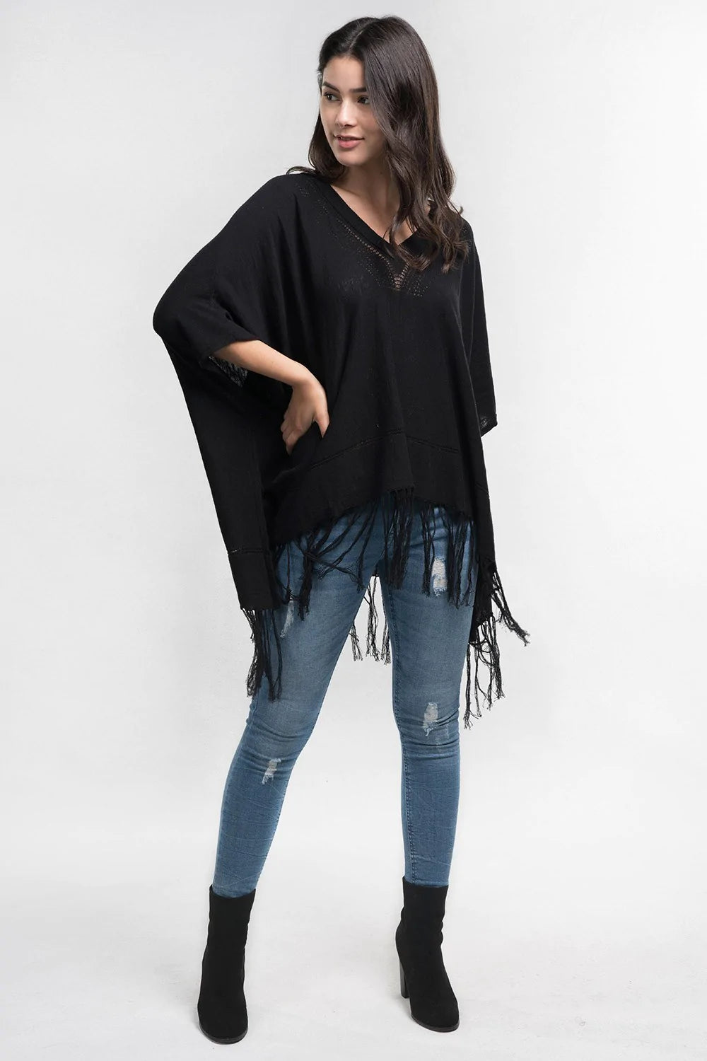 BLACK FRINGE V NECK PONCHO SWEATER KaLi Trends