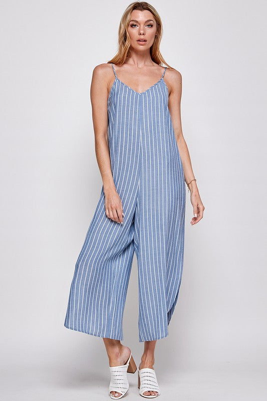 Wide Leg Rompers Blue with Vertical Thin White Stripes V-Neck (Front & Back) Adjustable Spaghetti Straps Hidden Side Pockets Unlined Relaxed Fit Cropped & Angled Length Color:   Light Blue with White Stripes  Fit:  True to Size  Fabric:  100% Rayon