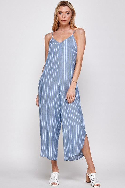 Wide Leg Rompers Blue with Vertical Thin White Stripes V-Neck (Front & Back) Adjustable Spaghetti Straps Hidden Side Pockets Unlined Relaxed Fit Cropped & Angled Length Color:   Light Blue with White Stripes  Fit:  True to Size  Fabric:  100% Rayon