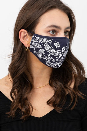 Navy and White Paisley Face Mask with adjustable ear bands