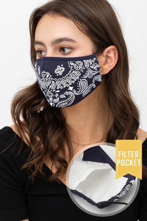 Navy and White Paisley Face Mask with adjustable ear bands