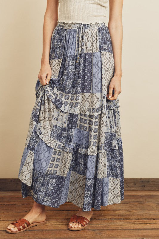 BOHO BLUES PATCHWORK SKIRT with elastic drawstring waistband in blue paisley print