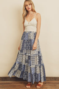 BOHO BLUES PATCHWORK SKIRT with elastic drawstring waistband in blue paisley print