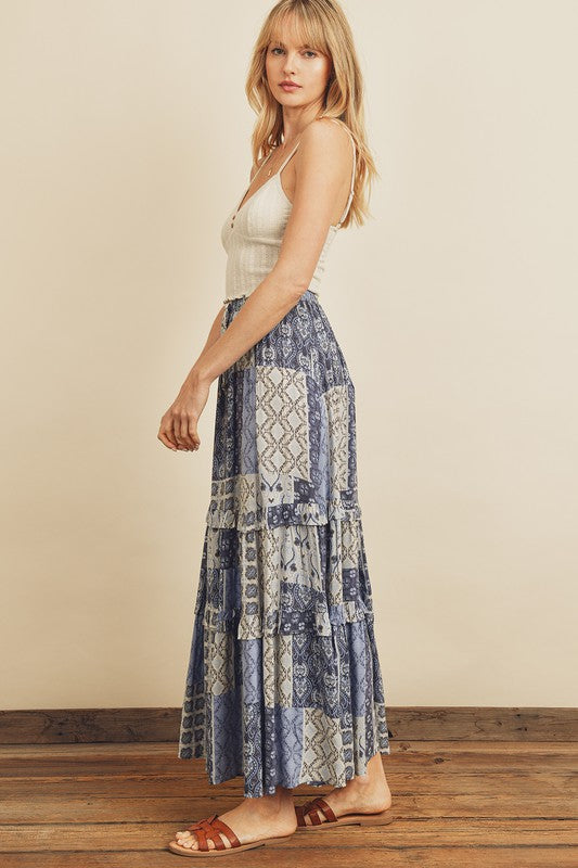 BOHO BLUES PATCHWORK SKIRT with elastic drawstring waistband in blue paisley print