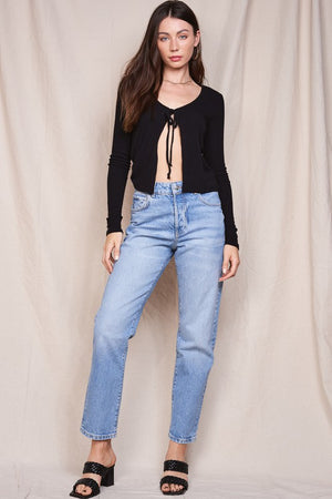 CROPPED RIBBED CARDIGAN (BLACK) with tie front