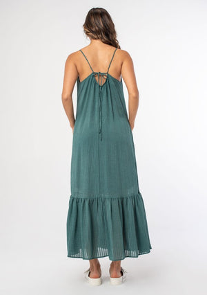 Sea Green Flowy Bohemian Maxi Dress Scooped Neckline Relaxed, Flowy Fit Maxi Length Tiered Skirt Sleeveless, Spaghetti Straps Textured Shadow Stripe Sheer Print Adjustable Strappy Tie Back Side Pockets Lined