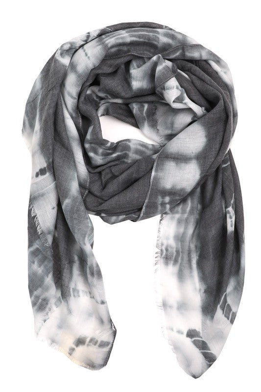 Tie-dye scarf with fringed edges in charcoal/black and white