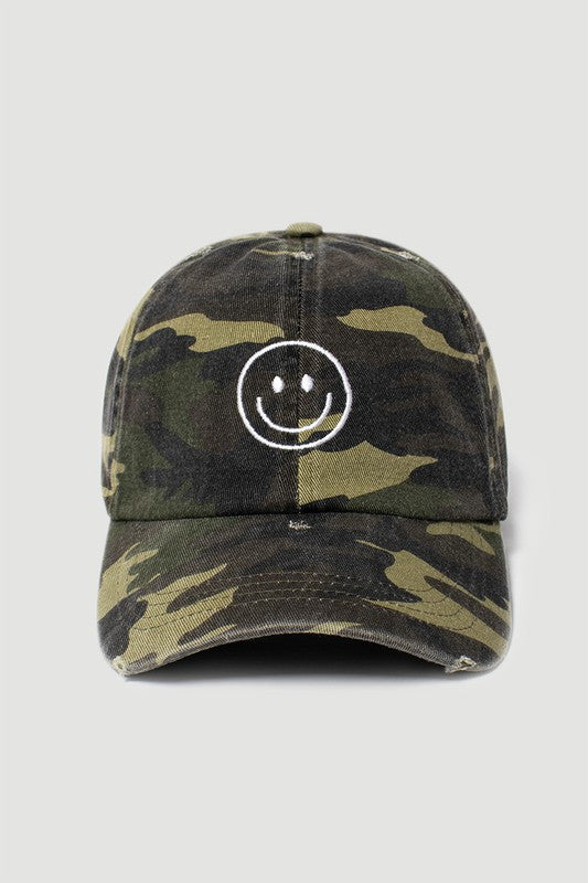 Embroidered Smiley Face Baseball Cap in Olive Camo Print 100% Cotton