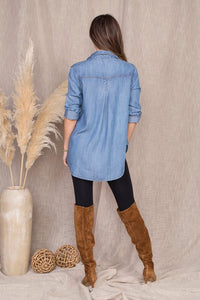 Medium Wash Long Sleeve Denim Top with Pocket and Button Closure