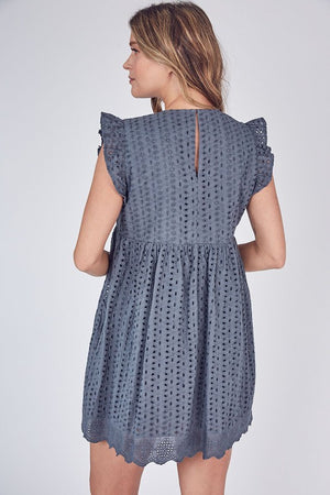 EMBROIDERED ROMPER DRESS IN CHARCOAL EYELET WITH SHORTS