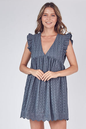 EMBROIDERED ROMPER DRESS IN CHARCOAL EYELET WITH SHORTS