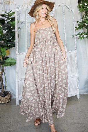 LACED BACK-TIE MAXI DRESS (MOCHA) with halter tie  in mocha and cream leaf print rayon fabric