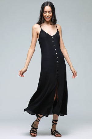 CAMI STYLE MAXI DRESS (BLACK) with faux wood decorative buttons down the front