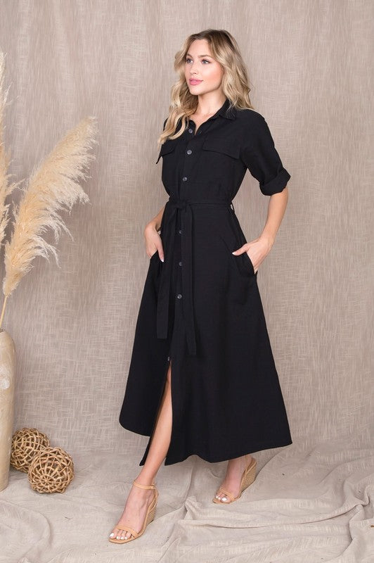 Linen-Like MAXI SHIRT DRESS in black