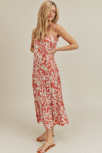 TIE STRAP MAXI DRESS in a rust and cream graphic floral print