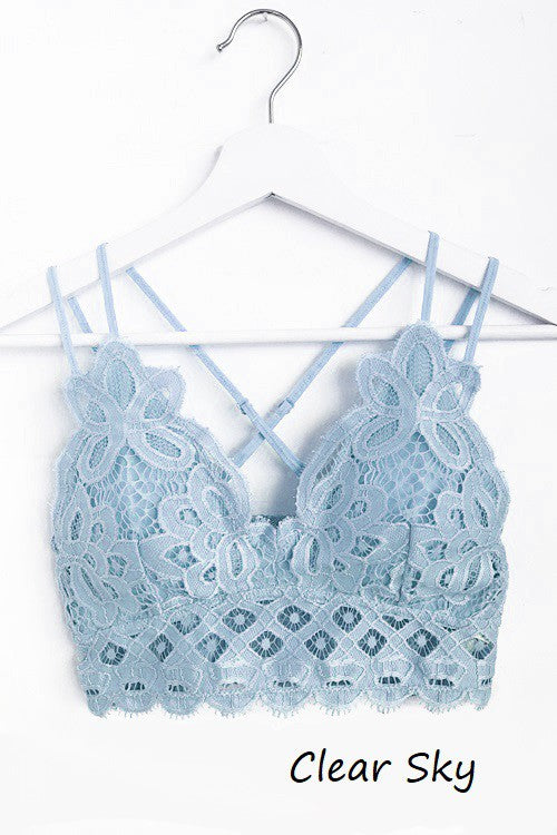 FLORAL LACE BRALETTE (CLEAR SKY/LT. BLUE) WITH ADJUSTABLE STRAPS AND REMOVABLE PADS